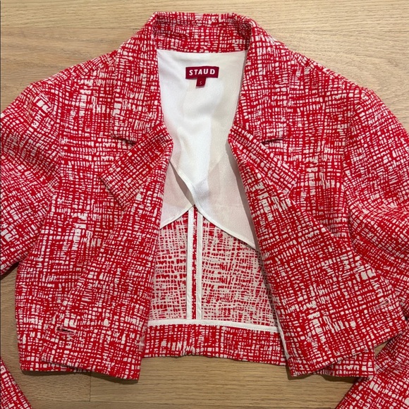 STAUD Textured Red and White Cropped Blazer - Picture 5 of 9